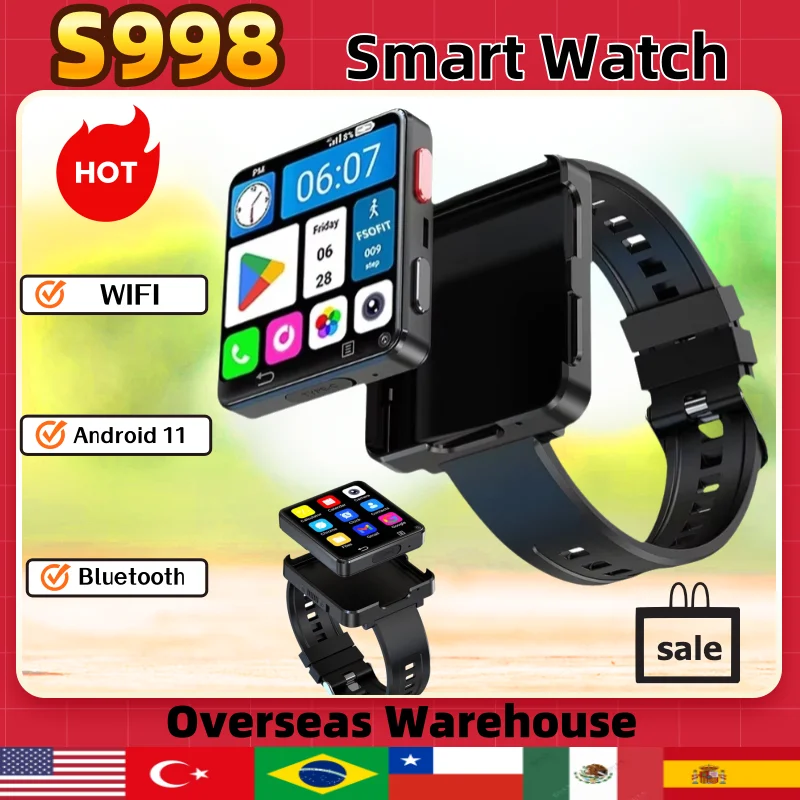 S998 Смарт-часы 2,64 дюйма с большим экраном Android 11 MTK6739 Core 500 Вт Камера 1200 мАч Ремешок с аккумулятором Съемные 4G Мужские умные часы