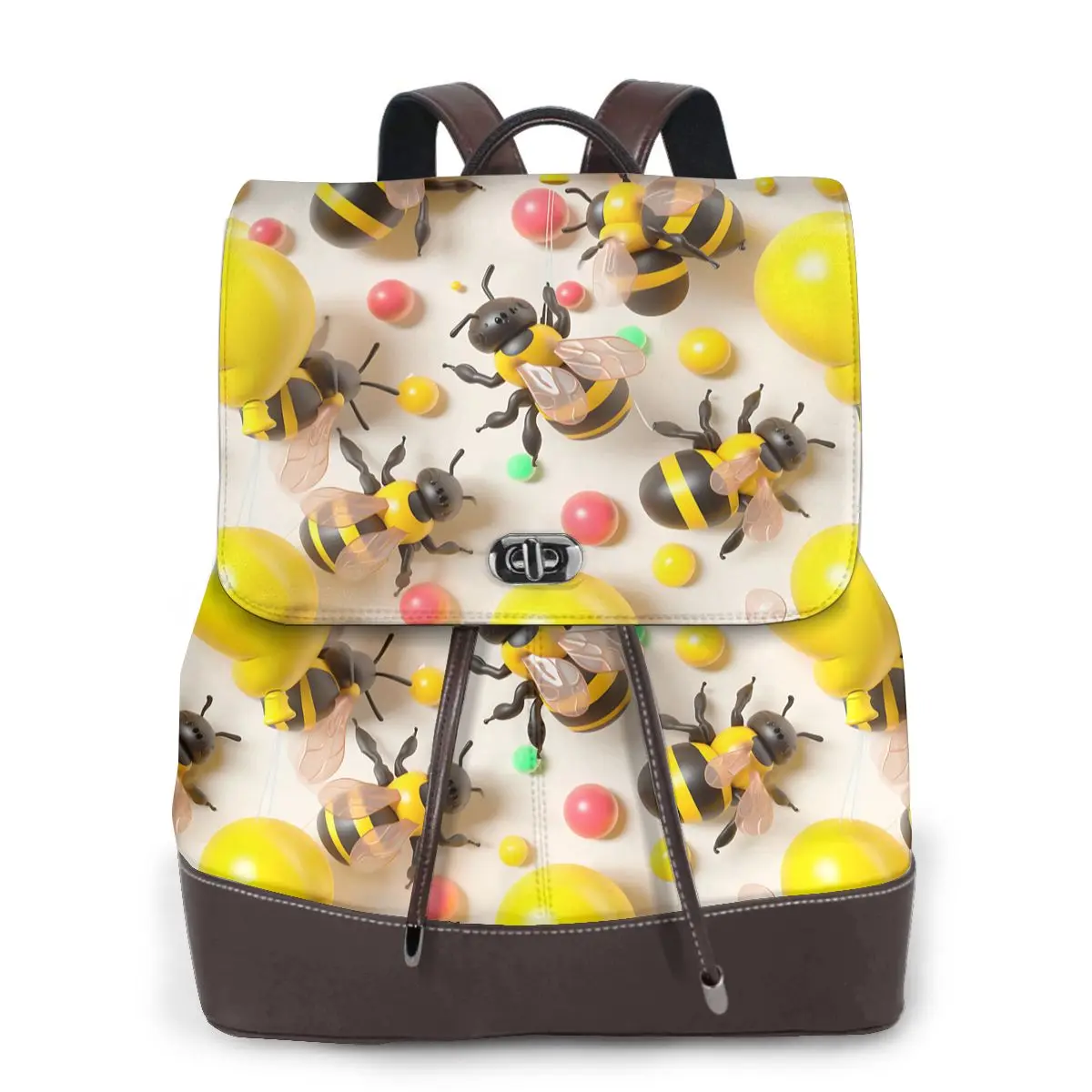 줄무늬 꿀벌과 풍선 3D 패턴 새로운 여성 배낭 디자이너 고품질 가죽 간단한 패션 대용량 배낭