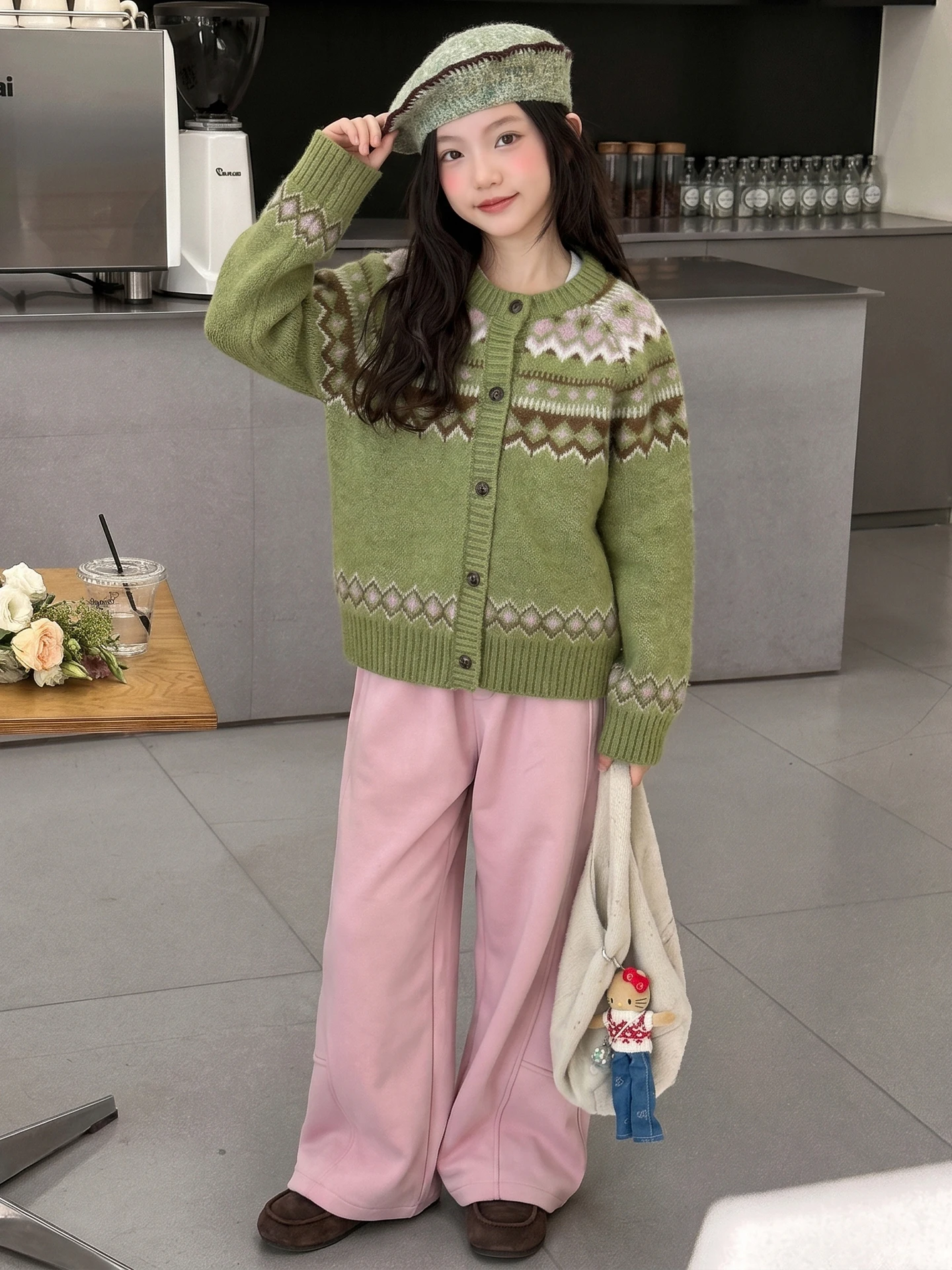 retro-knitted-sweater-for-girls-loose-fit-round-neck-open-cardigan-green-floral-embroidery-autumn-outerwear-comfortable-soft