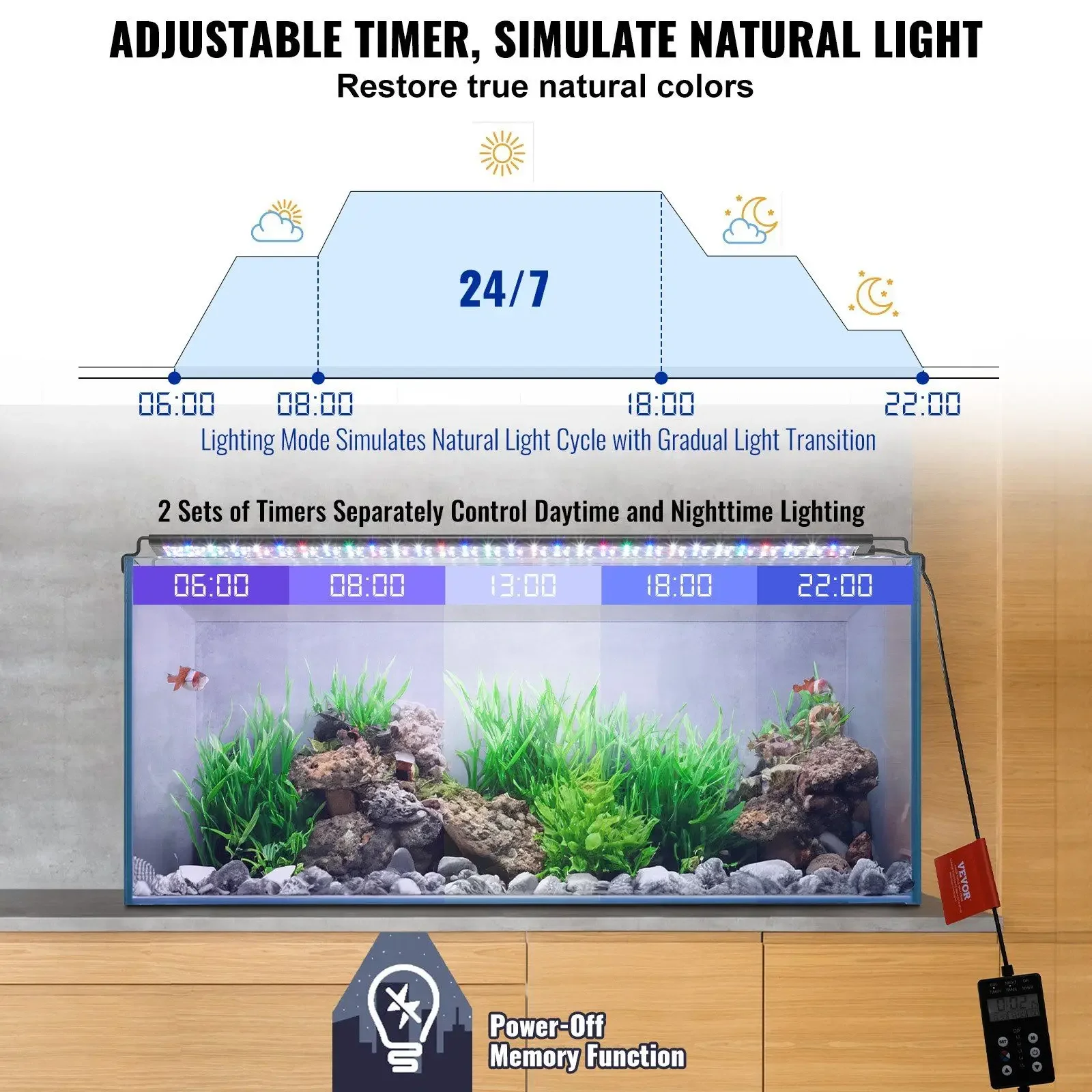 VEVOR Aquarium Light with LCD Display, 24W Aluminum Alloy Housing Retractable Stand, Suitable for 30