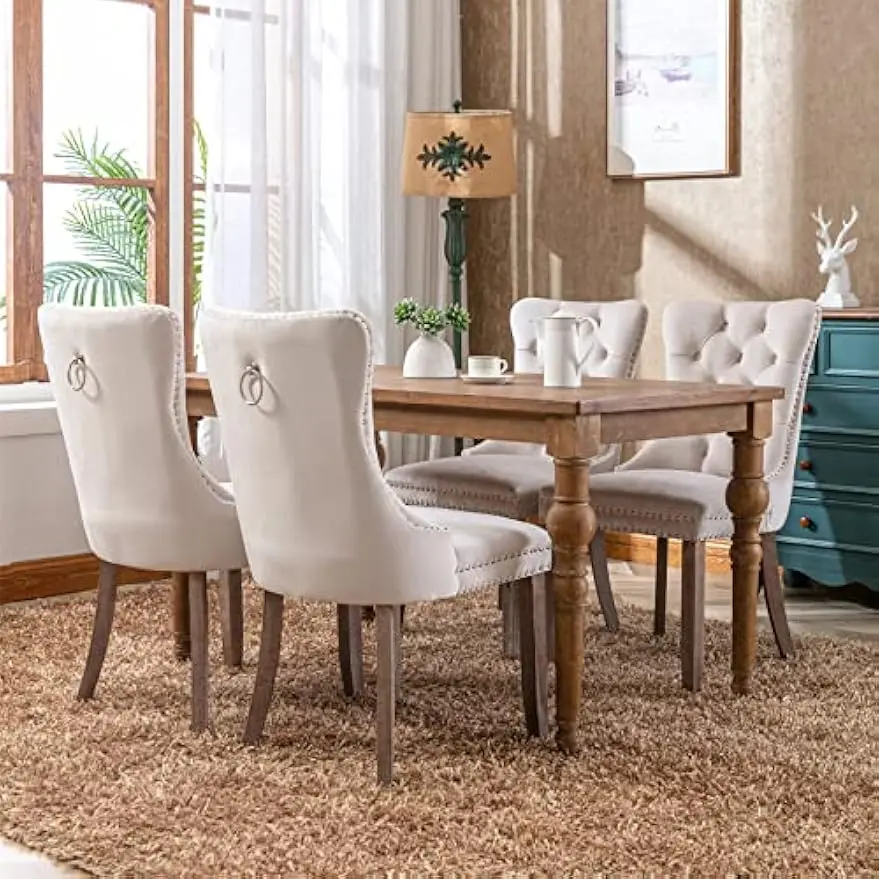 High-end Tufted Solid Wood Velvet Upholstered Dining Chair with Wood Legs and Nailhead Trim, 2-Pcs Set, Beige