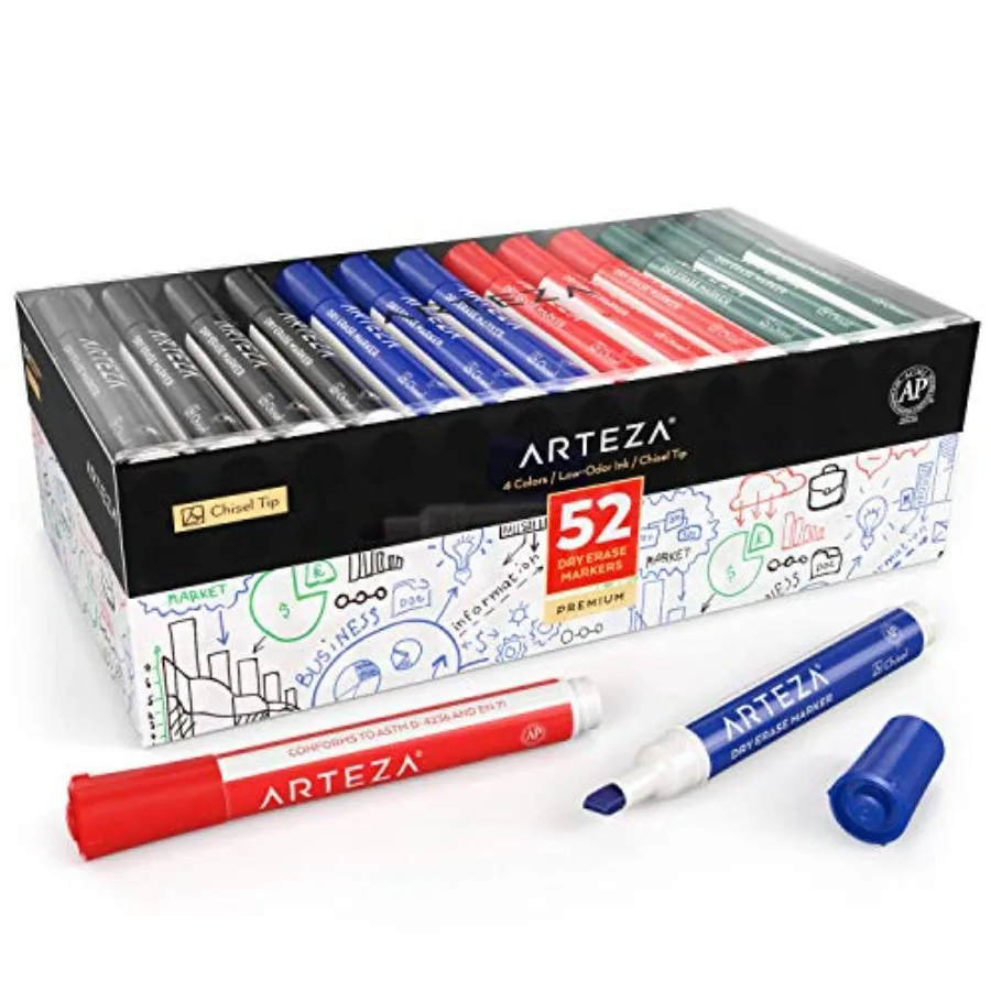 Dry Erase Markers, 52-Pack, Chisel Tip, 4 Assorted Colors, Low-Odor Ink for Whiteboards, Classroom, Office, or Home Use