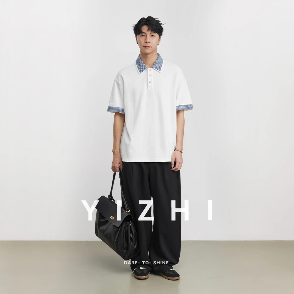 American Retro Plaid Splicing POLO Shirt Men 2026 Summer Loose Short-sleeved T-shirt Fake Two-piece Lapel Top