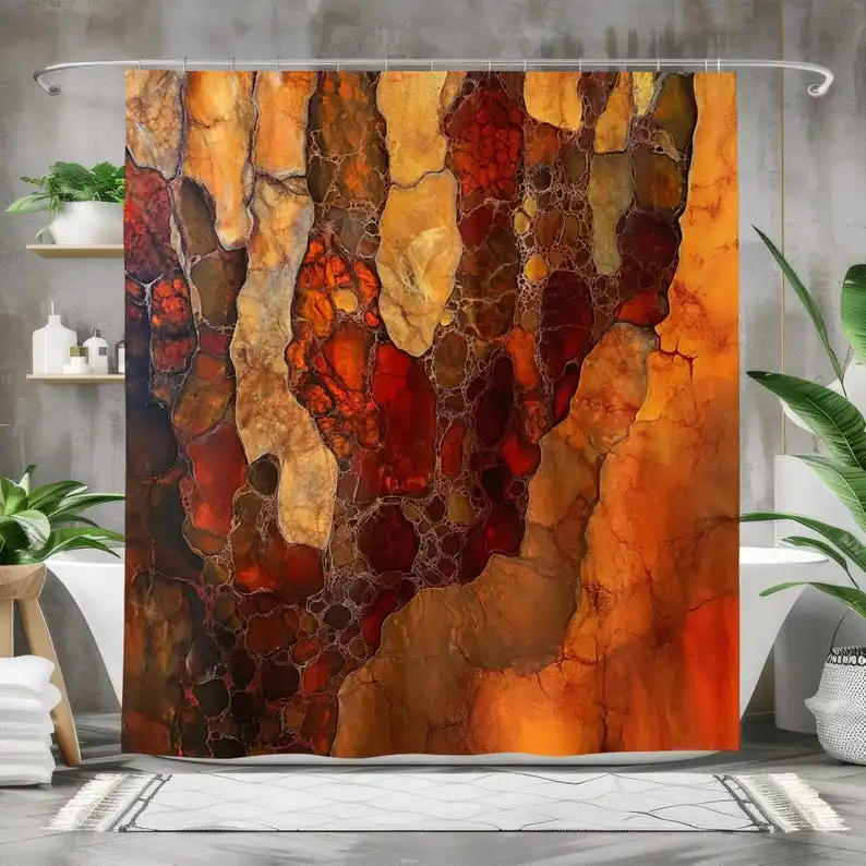 

Rustic Abstract Shower Curtain | Waterproof Fabric Bath Curtain for Modern Bathroom Decor | Stone Texture Orange Red Brown