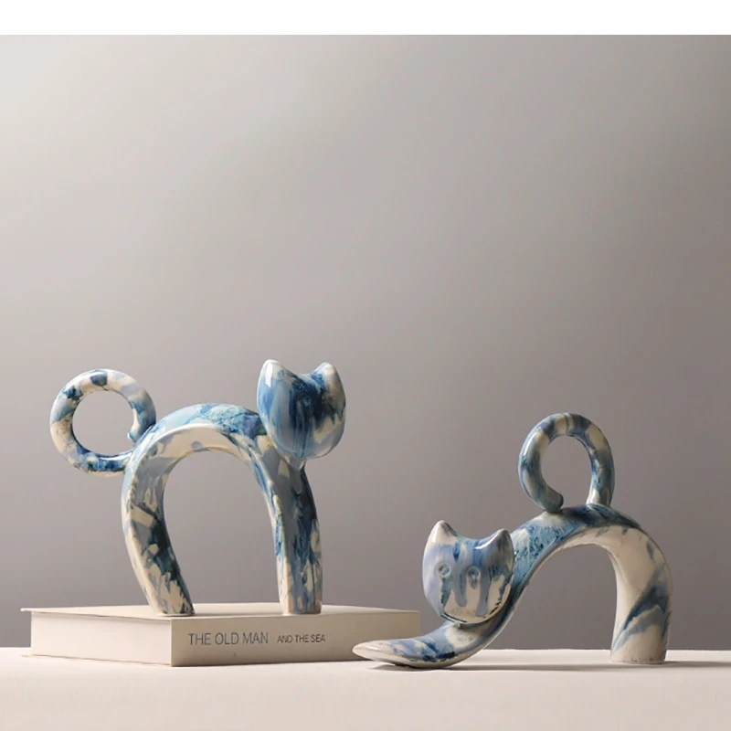 

Colorful Blue Kitten Statue Desk Decoration Abstract Artwork Ornaments Creative Cat Porcelain Sculpture Room Aesthetic Decor