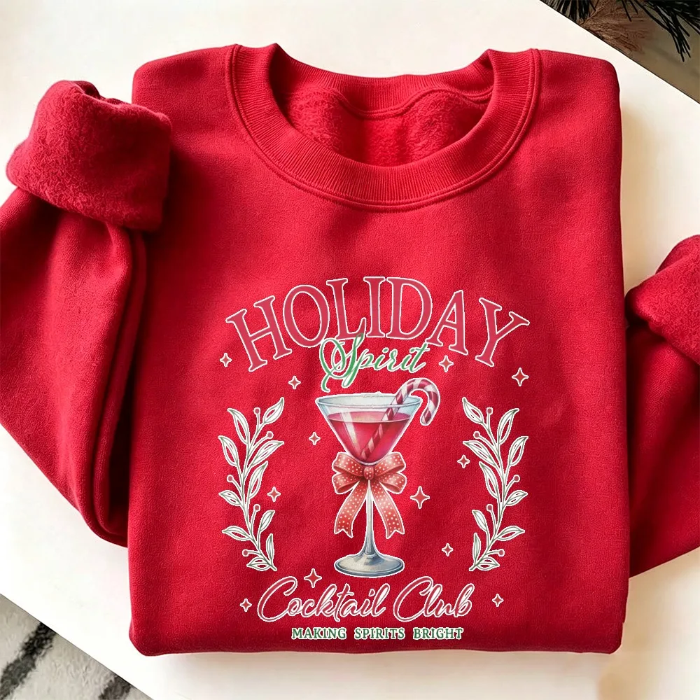 Holiday Spirit Cocktail Club Making Spirits Bright Wine Glass Candy Cane Print Pullover Xmas Holiday Graphic Casual Unisex Tops