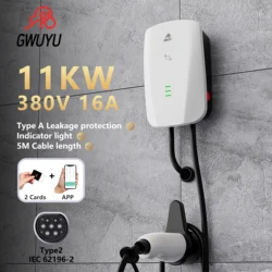 Gwuyu wallbox jz80 ev estação de carregamento 220v tipo 2 5m cabo 7.6kw 11kw 32a 16a 3 fases carregador de veículo app wifi swipe carregamento