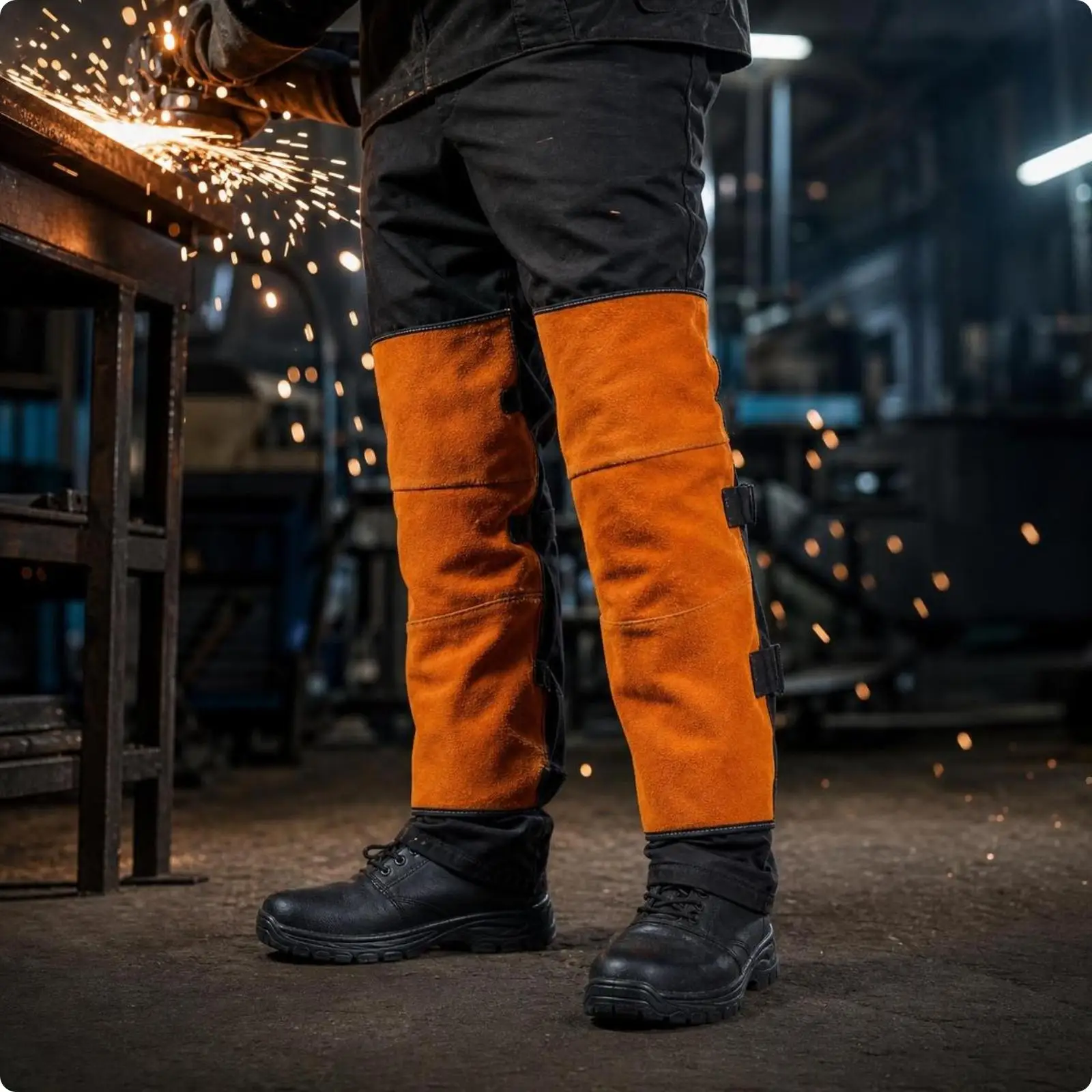 Orange Cowhide Welding Spats Leg Protector for Metal Fabrication Reinforced Lower Leg Safety Gear