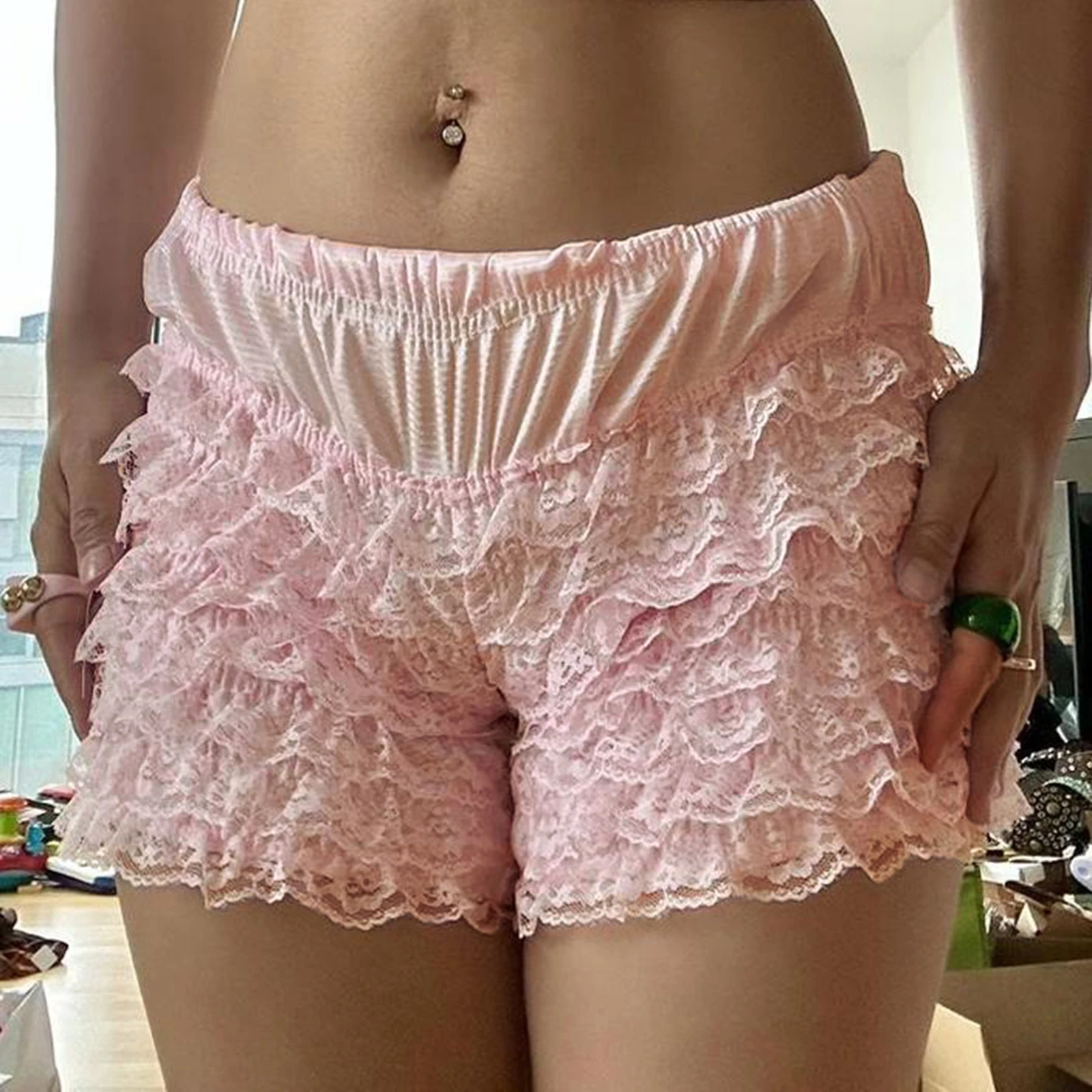 Women Summer y2k Lolita Bloomers Shorts Ruffle Lace Frill Pumpkin Pants Fairy Layered Bottoms Shorts Pettipants Streetwear