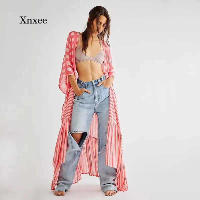 

Plaid Print Beach Cover Up Womens Boho Printed Maxi Kimono Fashion Summer Open Front Loose Cardigan Top Jumper Holiday Tops