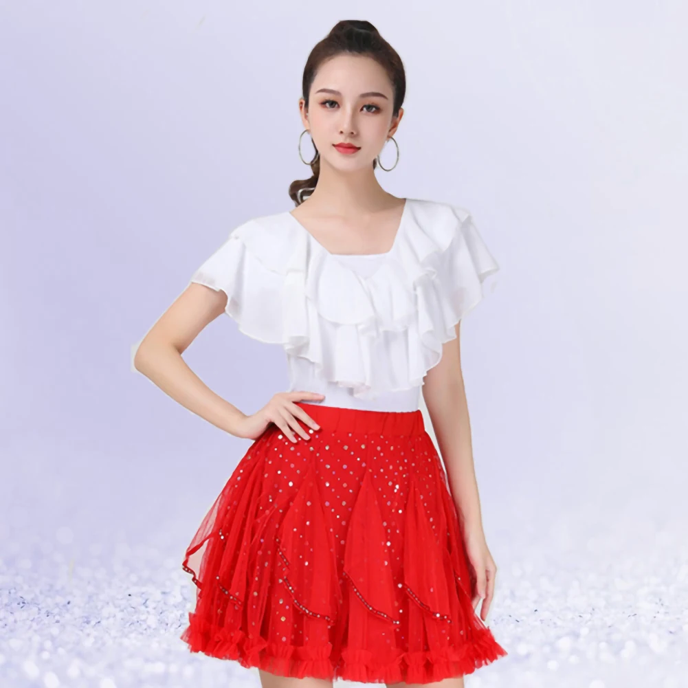 Mesh Patchwork Ballroom Standard Dance Skirt Latin Girl Rhinestone Korean Style Clothing Women\'s Classical Ruffled Ice Silk Top