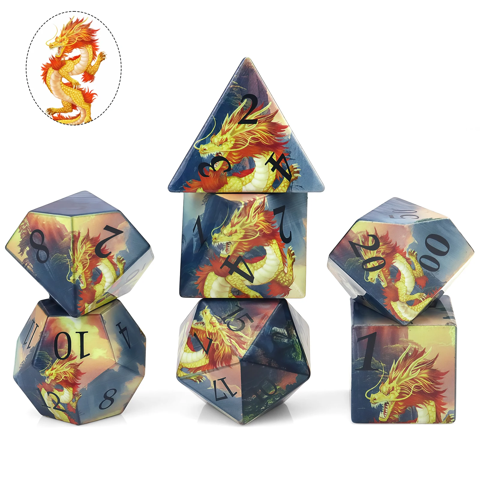 

7-Piece Polyhedral Dice Set (18mm, Printed with Eastern Dragon Designs) & Board Games – Perfect Holiday Gifts for Families (Hall