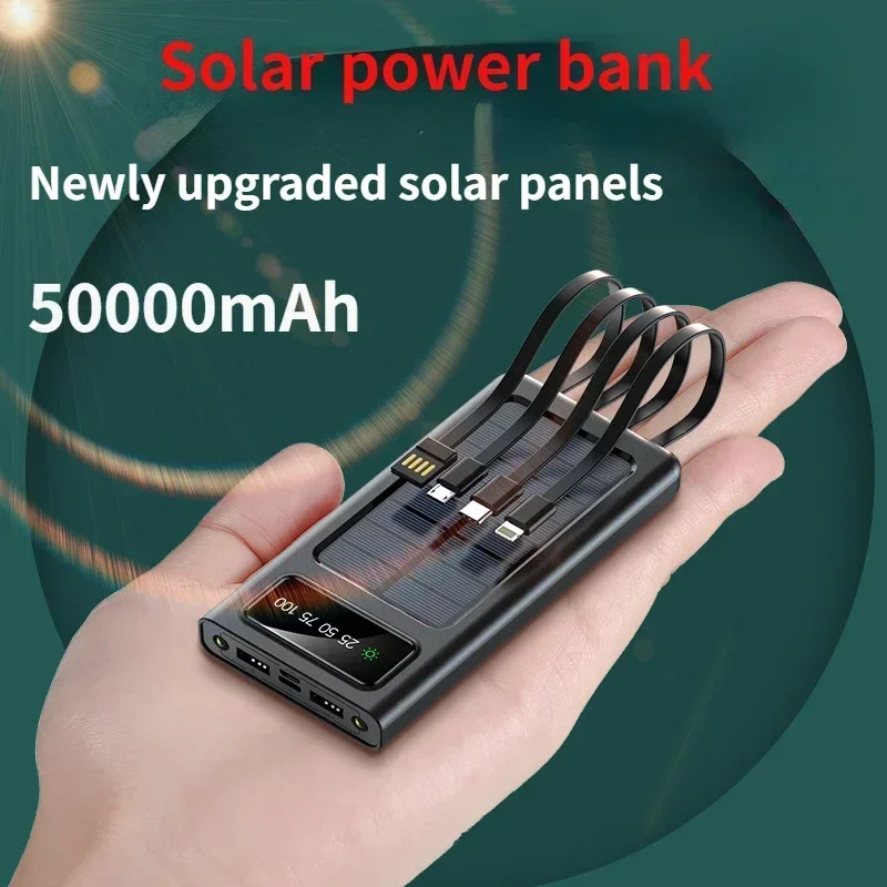 

New 50000 MAh with Four Wires Solar Power Bank Large Capacity Digital Display Camping LED Back Clip Battery for iPhone Xiaomi