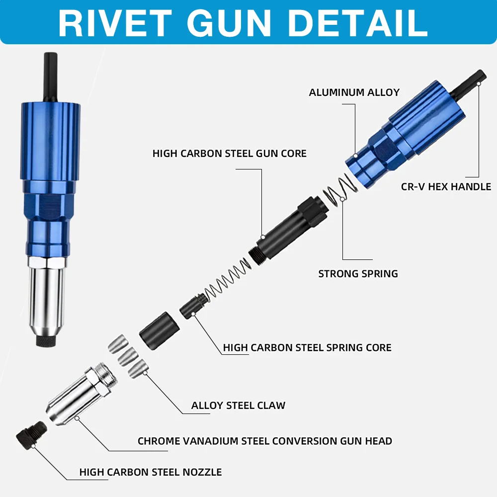 Electric Rivet Gun 2.4mm-4.8mm Portable Rivet Nut Gun Drill Adapter Home Plug-in Riveting Tool Wireless Rivet Nail Bit Tools Kit view 4