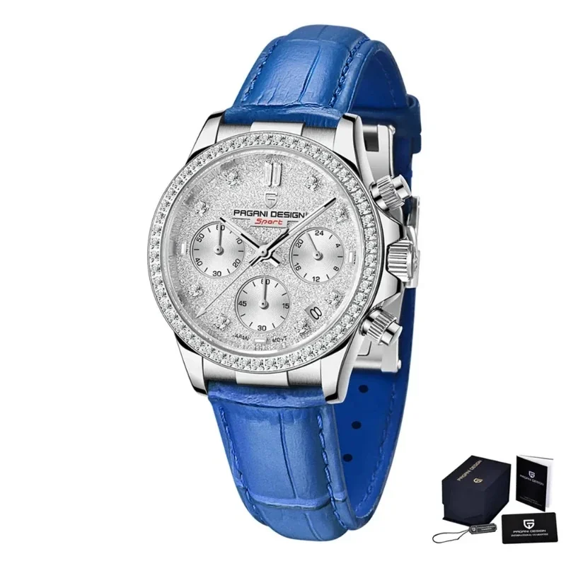 PAGANI DESIGN Ladies Chronograph Watch, Rose Gold Diamond Bezel White Dial Black Leather Strap Luminous Date Waterproof Quartz