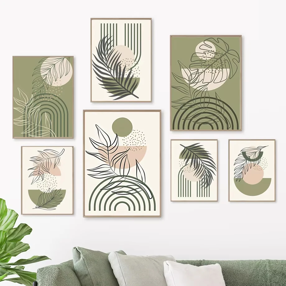 Sage Green Boho Wall Art Canvas Painting Abstract Geometric Lines Leaf Poster Prints Medieval Living Room Home Decoration Images