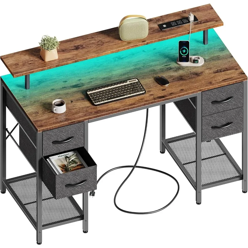 47 inch Computer Desk with 4 Drawers, Gaming Desk with LED Lights & Power Outlets, Home Office Desk with Large Storage Space