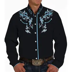 Men's shirt western denim pattern leaf cuff outdoor street long sleeve shirt button design fashion street western style