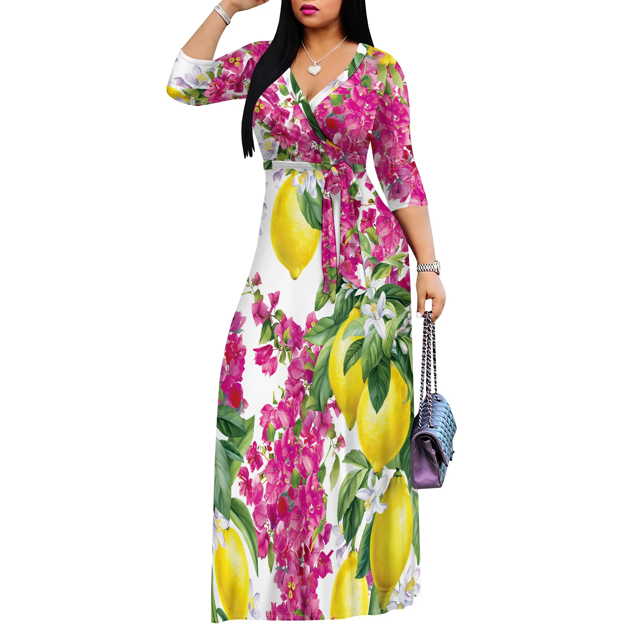 Women's 3/4 Sleeve V Neck Women With Pocket and Bel Long Dress Fashion Printed Split Hem Club Party Casual Vacation Maxi Dress