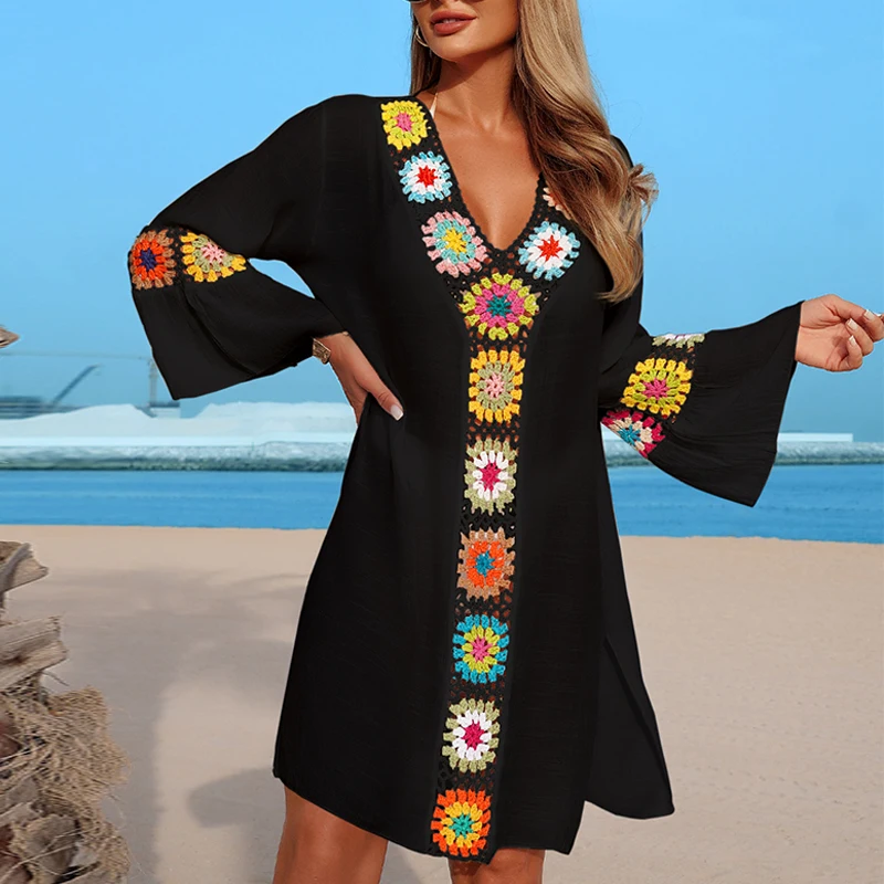 Hand Crochet Multicolour Flower Block Beachwear Cover Up Beach Vacation Casual See-Through Midi Dress Breathable Sunscreen Smock