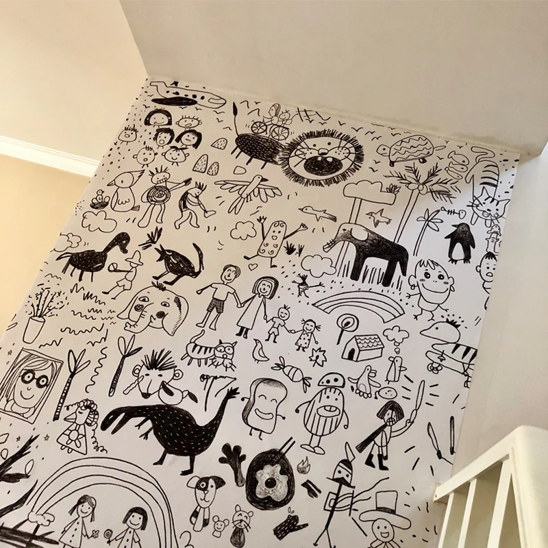 Customized products 3D black white graffiti TV background wall children's room wallpaper boy bedroom Nordic cartoon mural wall