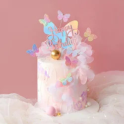 Happy Birthday Sequin Butterfly Cake Topper for Princess Girl Birthday Party Cake Decor Butterflies Wedding Party Decoration