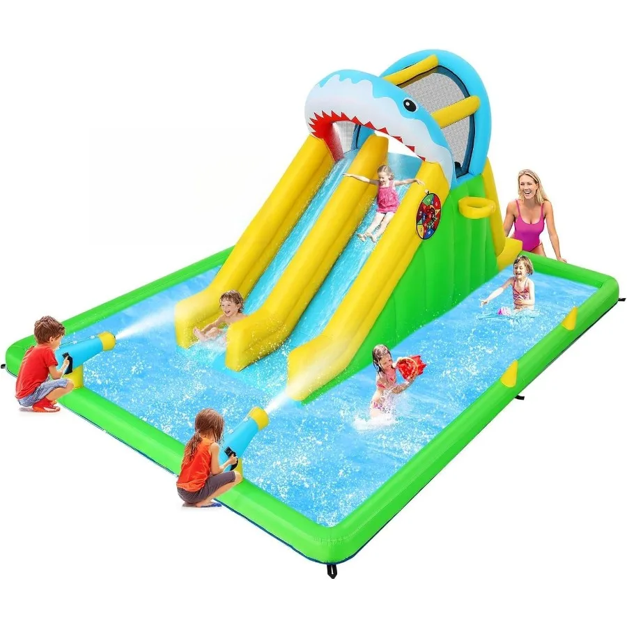 Opblaasbaar waterbouncehuis voor 3-12 jaar Shark Attack Fun Zone 8in1 speelset met dubbele waterglijbanen Ballenbak en games Ultima