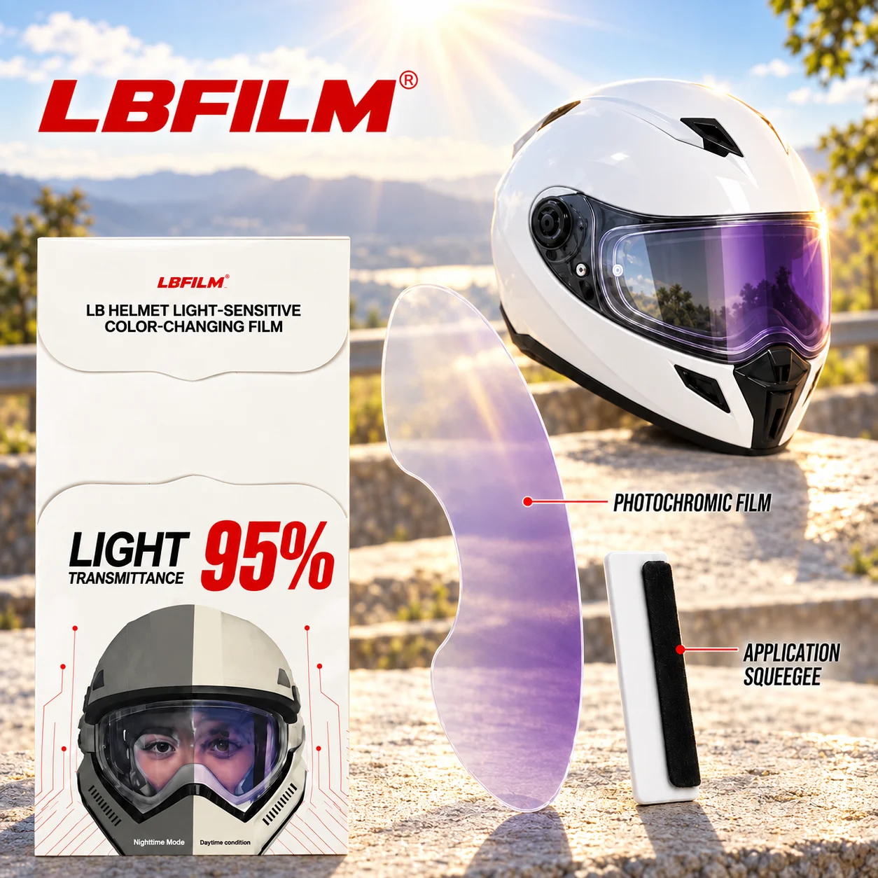 LBFILM Motorcycle Helmet Photochromic Visor Film – UV-Activated Color-Changing (Purple) & HD Transparent Protective Film