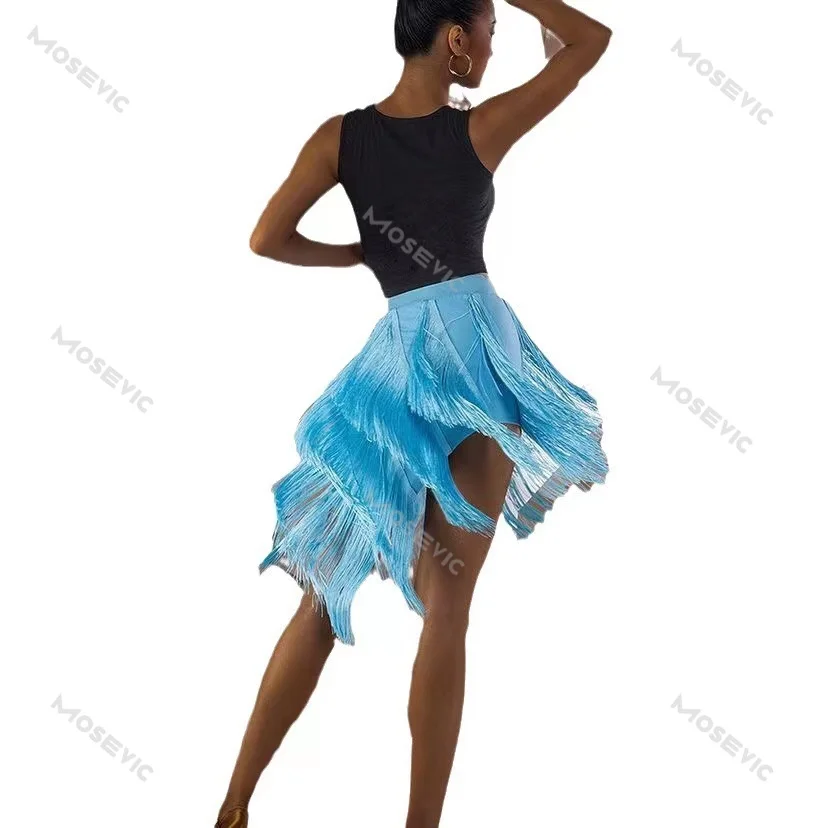 Falda de baile latino para mujer, traje Sexy de Samba, Tango, capas, borlas, flecos, competición