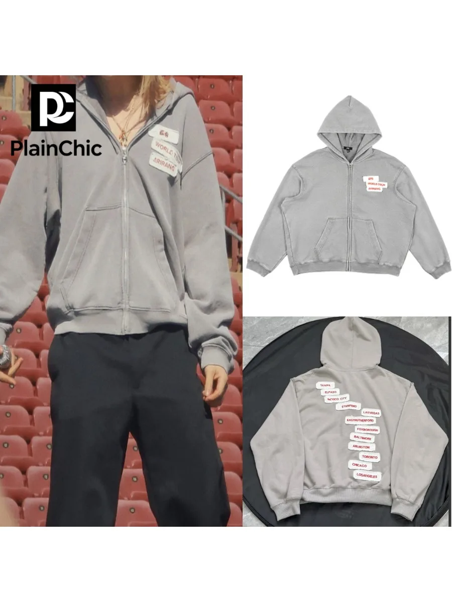 Gewaschener grauer Zip-Hoodie mit Label-Stickerei, lockere Kapuzenjacke, Unisex, Arirang World Tour Daily Concert, lässiger Außenmantel