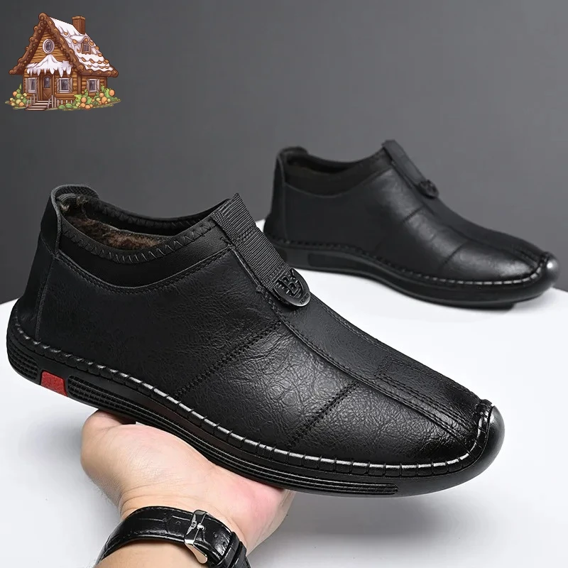 

Autumn Winter New Designer Leather Shoes for Men Casual Brushed Warm Loafers Shoes Men Fashion Male Shoe Brand mens shoes