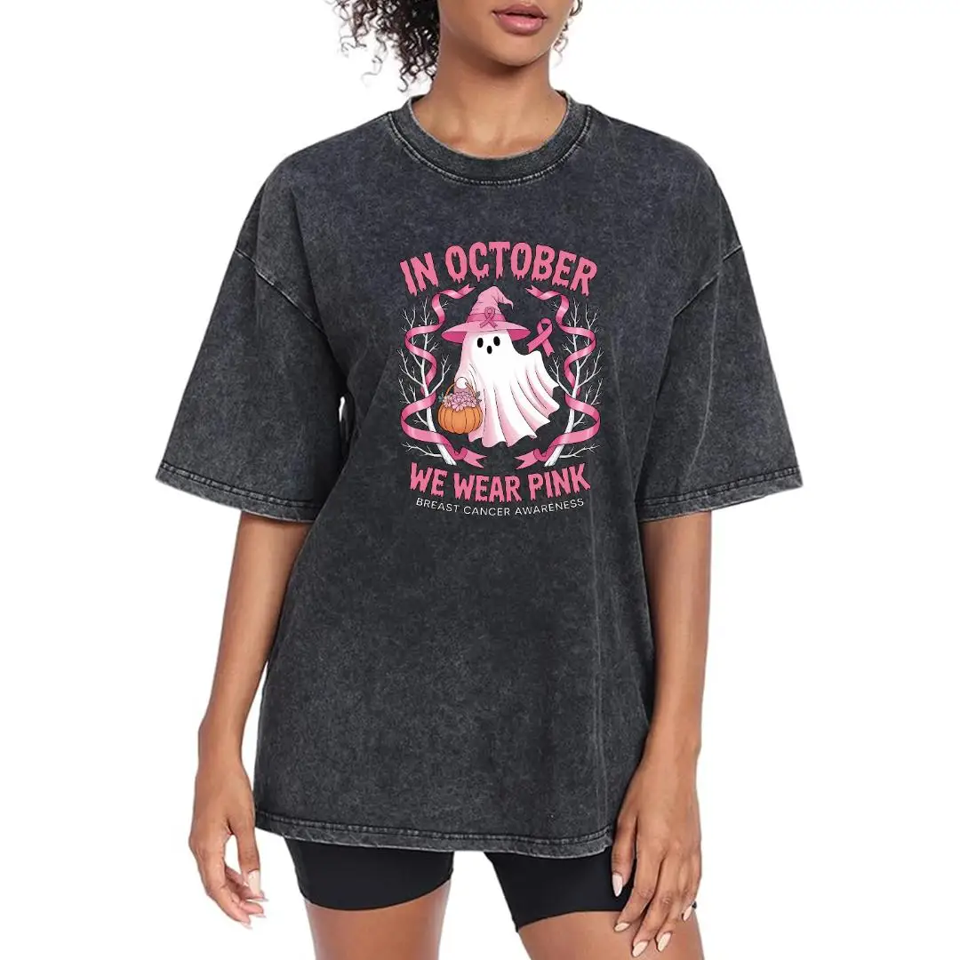

Vintage Washed Breast Cancer Awareness T-shirt, Pink Ribbon Halloween Ghost Graphic Tee, Oversized October Tops for Women