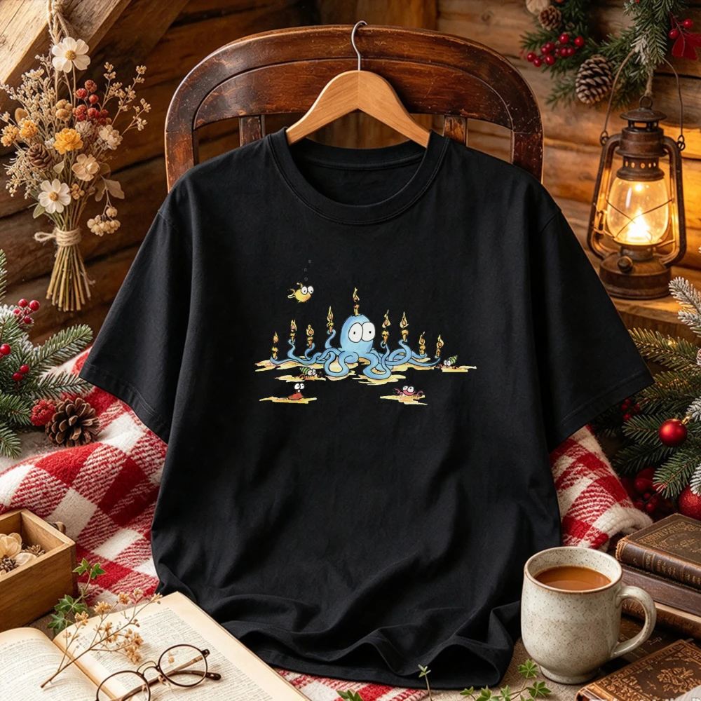 Cute Blue Octopus Hanukkah Menorah Sea Creature Fish Crab Graphic Print Tees Short Sleeve Tops Funny Holiday Streetwear T-Shirt