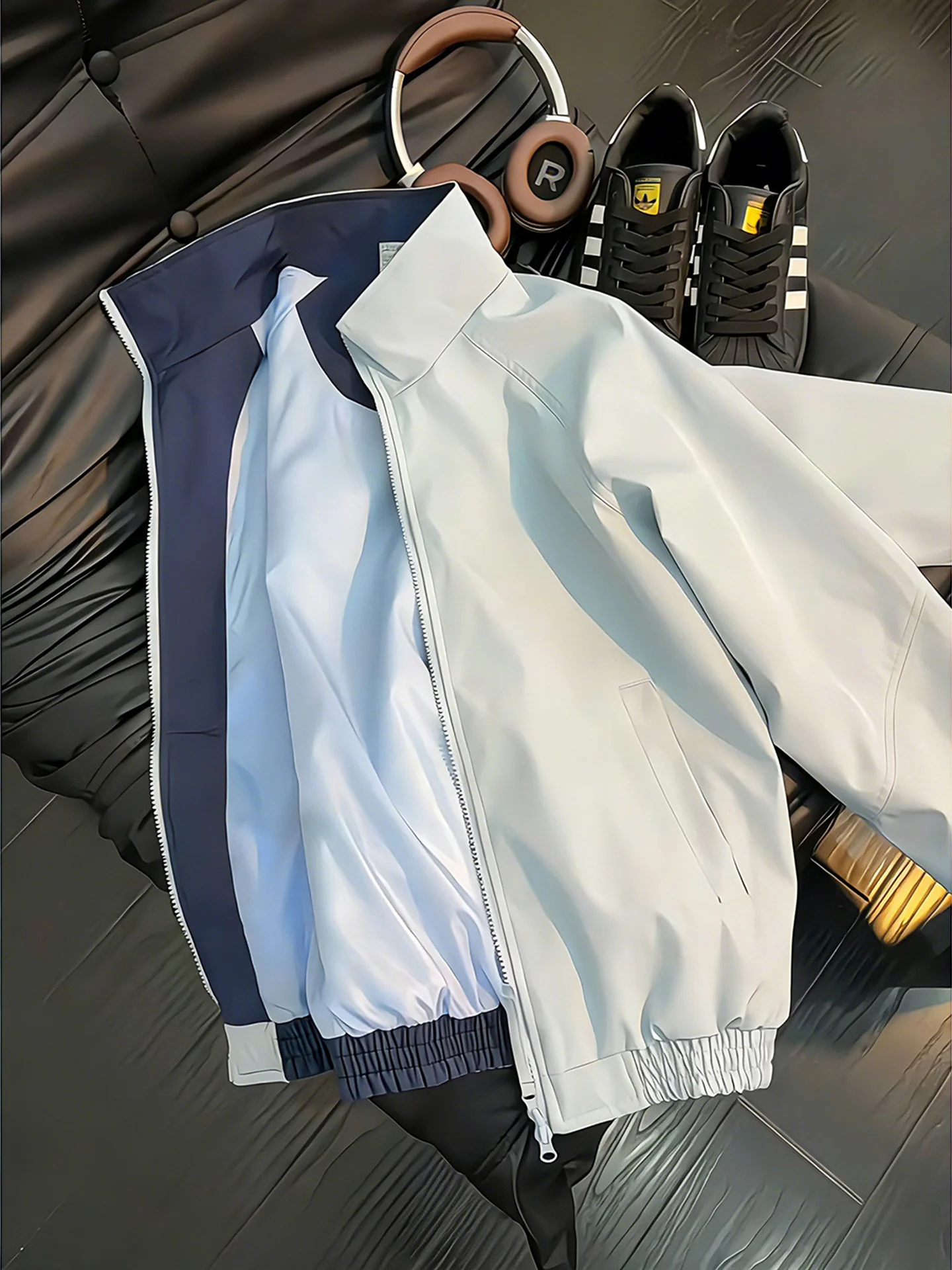 American Style Light Blue Stand Collar Men's Jacket Spring Cleanfit Pilot Patchwork Short Trendy Brand Windbreaker