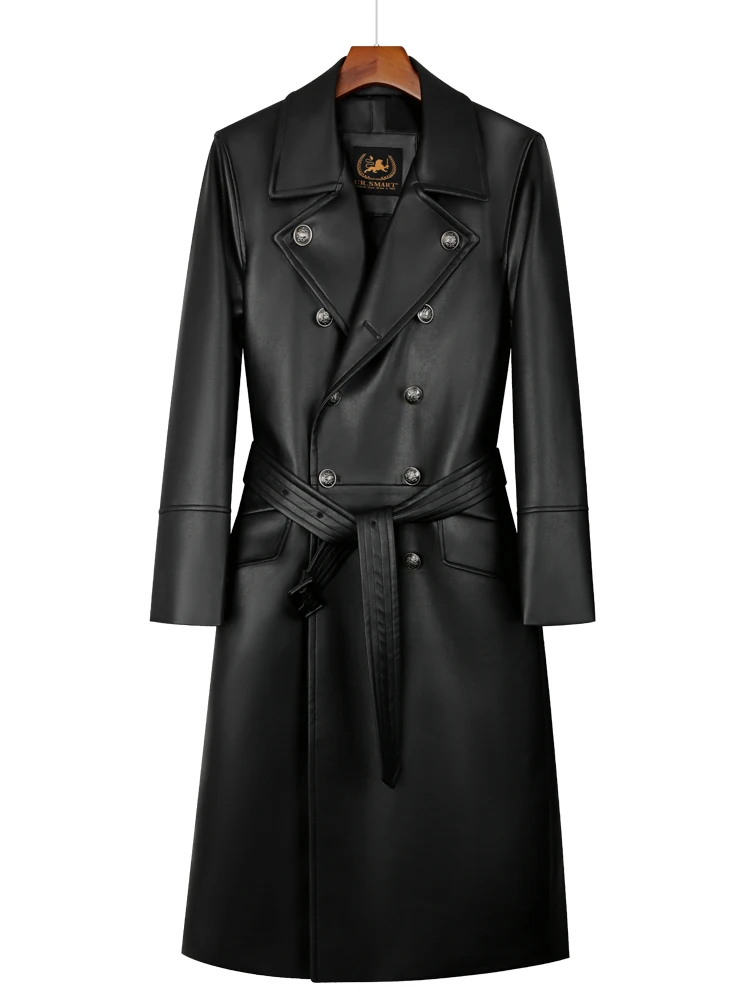 Super Long leather coat men\'s knee double breasted large lapel British windbreaker men\'s thickened warm leather coat men