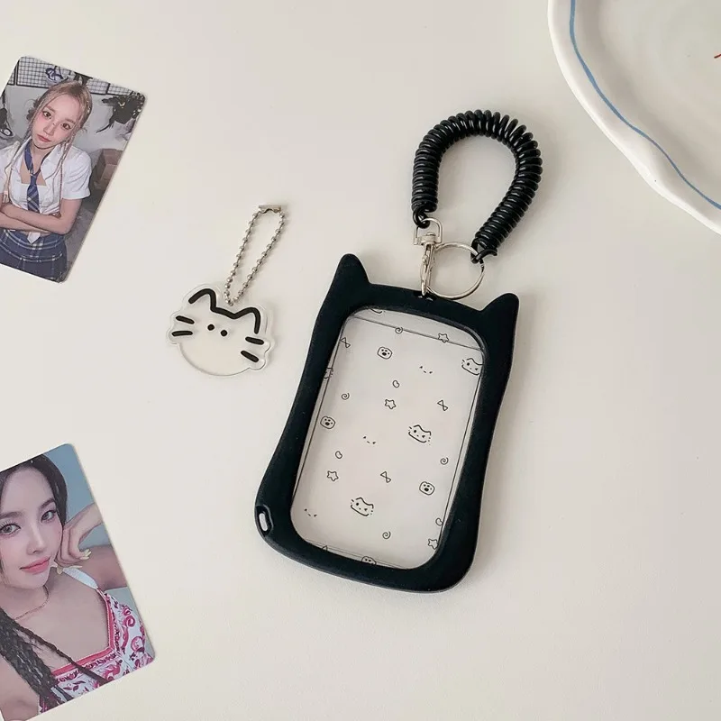 Ins Aesthetic Girly Transparent Card Holder - Cute Cat Cartoon Design, Student Campus/Bus Card Lanyard, Scratch-Resistant Case