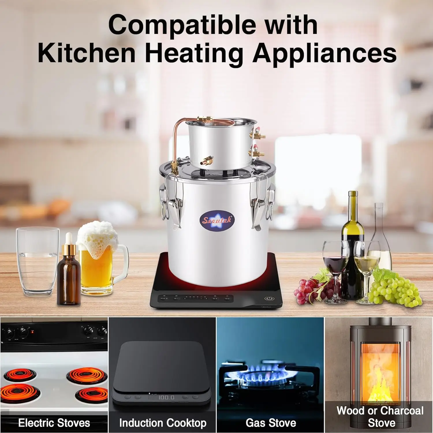 

Seeutek Alcohol Still 13.2 Gal 50L Water Alcohol Distiller Spirits Kit w/Circulating Pump, Copper Tube & Dual Display Thermomete