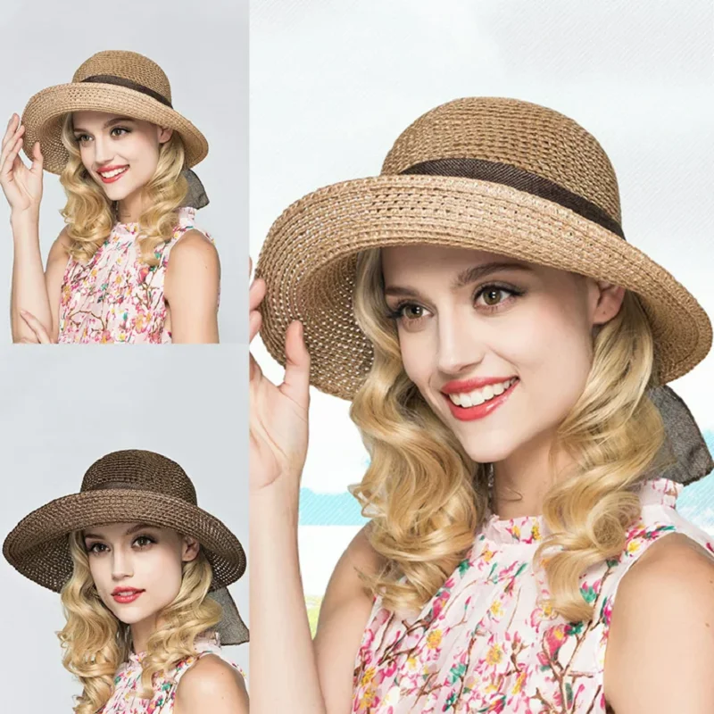 Fashion Bowknot Beach Sun Hat Foldable Fisherman Basin Hat Girl Summer Sunscreen and Sunshade Women Straw Hat