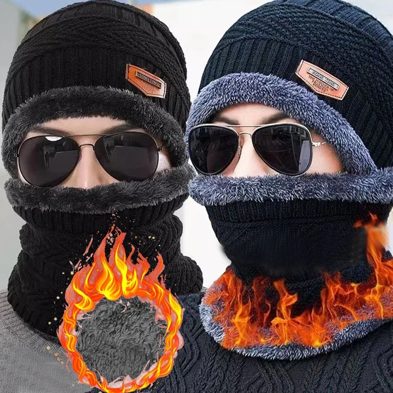Winter Fleece Knitted Scarf Hats Thick Plush Velvet Warm Beanies Wool Knit Caps Men Women Cycling Cold Protection Neck Mask Cap