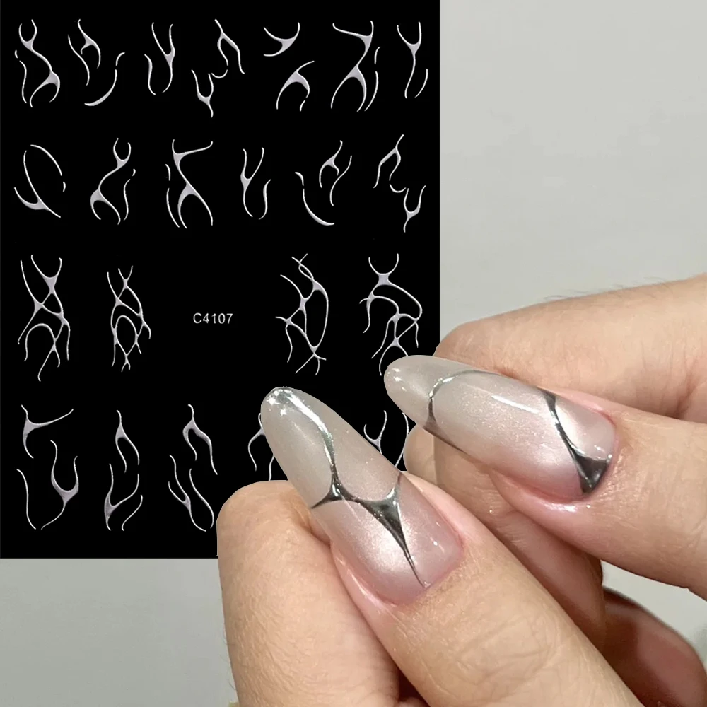 

2pcs Silver Holographic Metal Lines Nail Stickers Hot Stamping Golden French Lines Star Nail Decals Adhesive Irregular Manicure