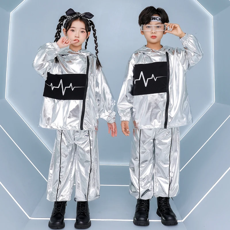 Zilver Jazzdans Kleding Kinderen Show Prestaties Pak Hip Hop Broek Mode Hoodie Jongens Meisjes Street Dance Wear VDL4847