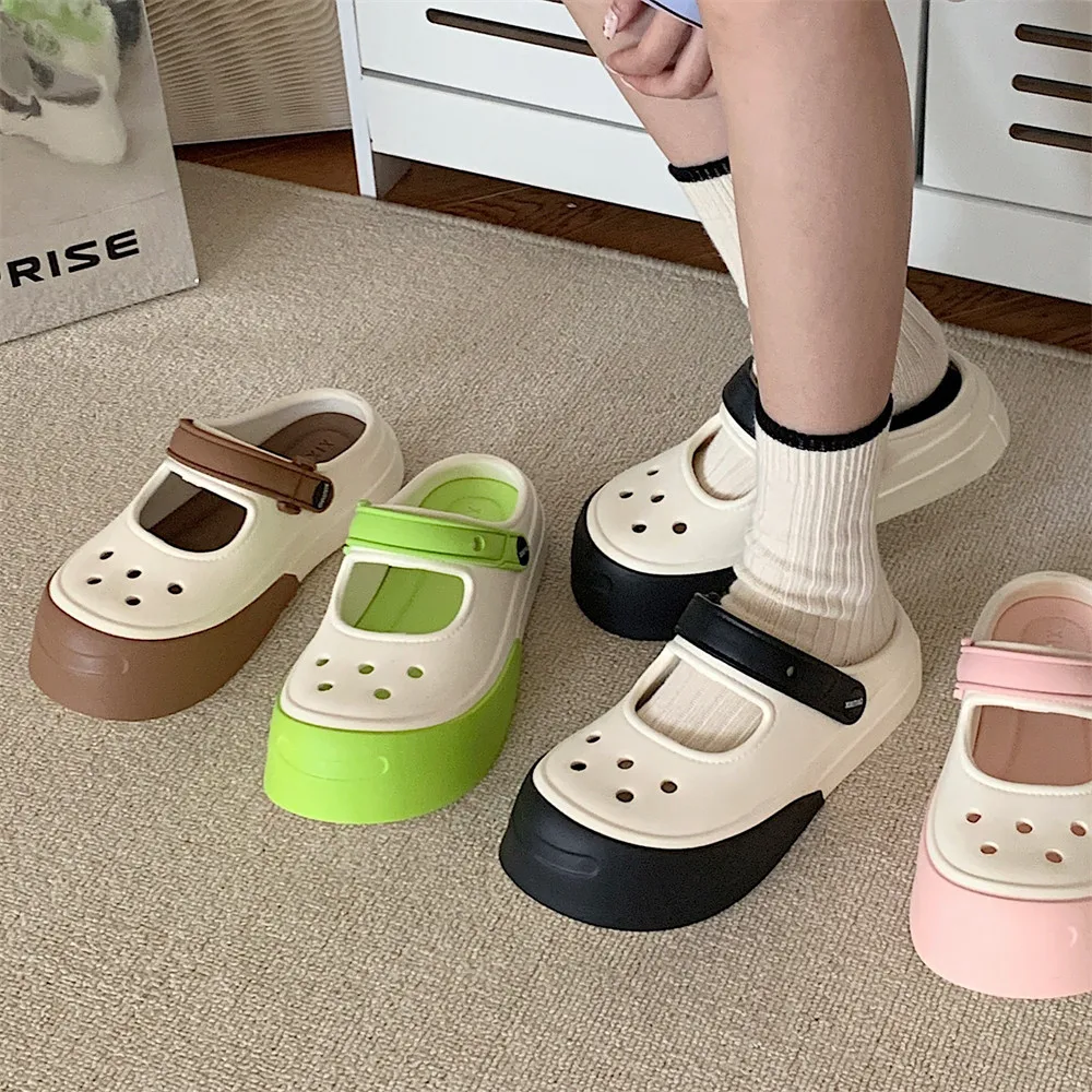 Mary Jane Summer New EVA Thick Sole Perforated Shoes Women Wearing Elevated Soft Sole DIY Solid Color Two Wear Home Slippers