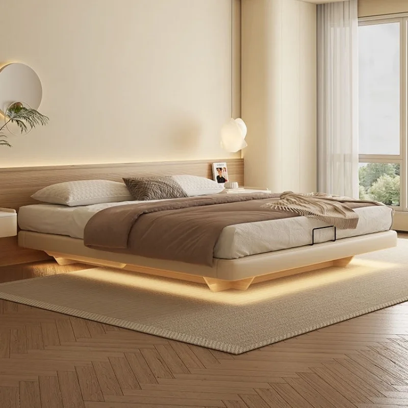 

No bedside suspended storage,modern cream simple apartment master bedroom double bed,Italian light luxury air pressure high box