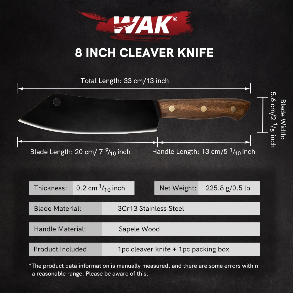 WAK 8Inch Kitchen Full Tang 3Cr13 Chef Knife Sharp Kitchen Meat Slicing Cutting Knives Cleaver Butcher Knife Sapele Wood Hand