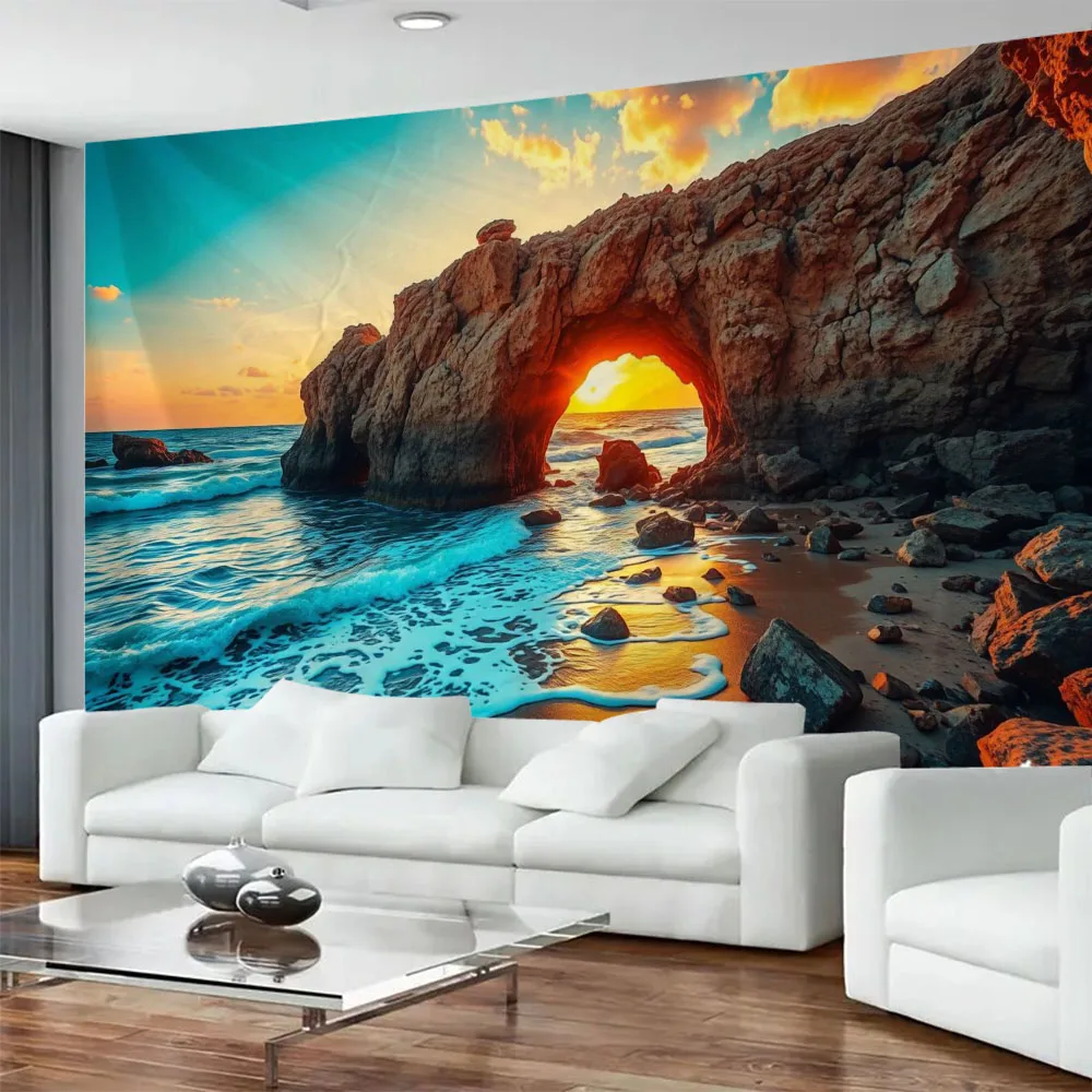 Island Landscape Tapestry Beach Palm Trees Dusk Waves Hawaiian Waters Decorative Wall Hanging for Living Room Home Decor