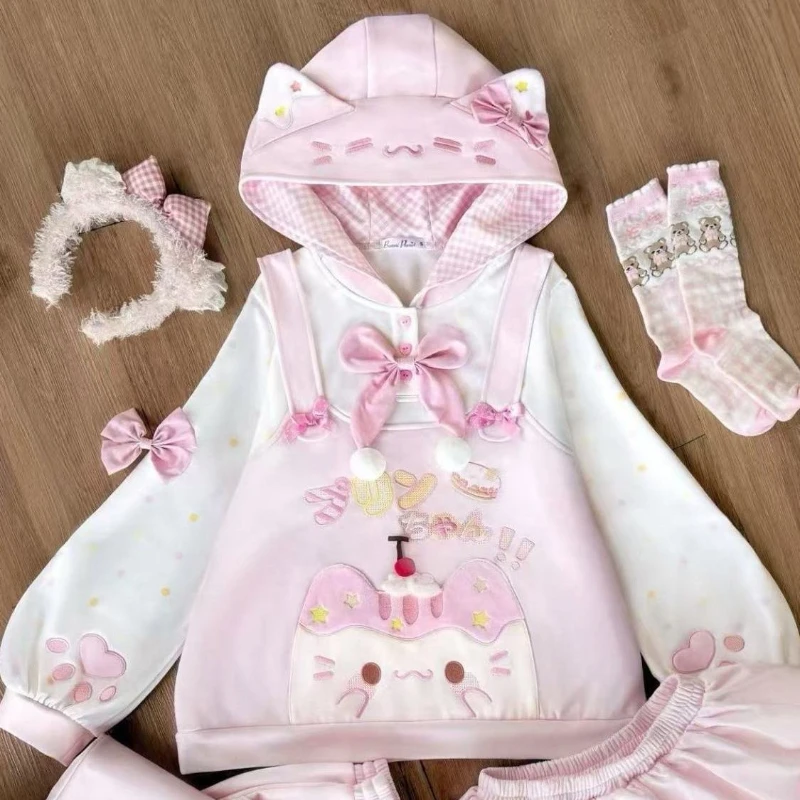 Japanese Kawaii Long Sleeve Hoodie Kawaii Cartoon Print Cat Ears Patchwork Women Casual Y2k Sweet Sweatshirt Autumn Winter