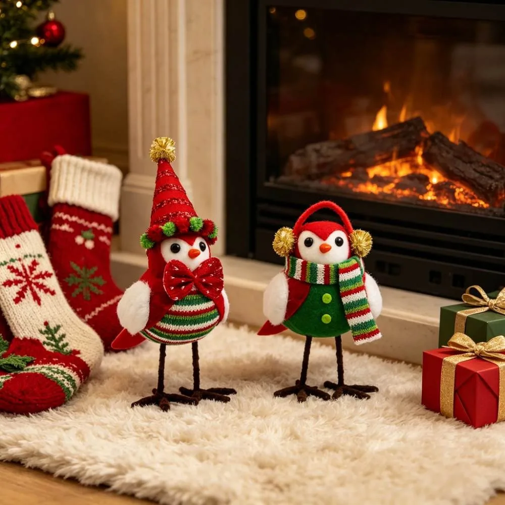 2Pcs Christmas Birds Tabletop Decor Plush Winter Bird Figurines Sequin Hat Velvet Scarf Xmas Holiday Mantel Home Party Ornaments