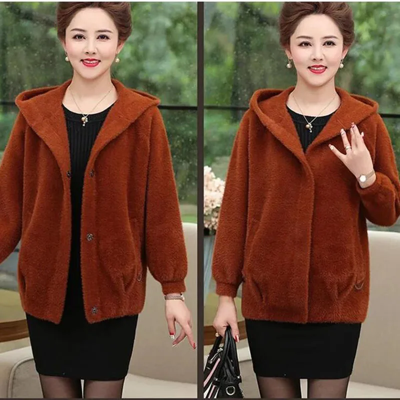 

Middle-Aged Elderly Female Hooded Knitted Sweater Jacket Fashion Imitation Mink Velvet Coat Women Cashmere Cardigan Sweater 4XL