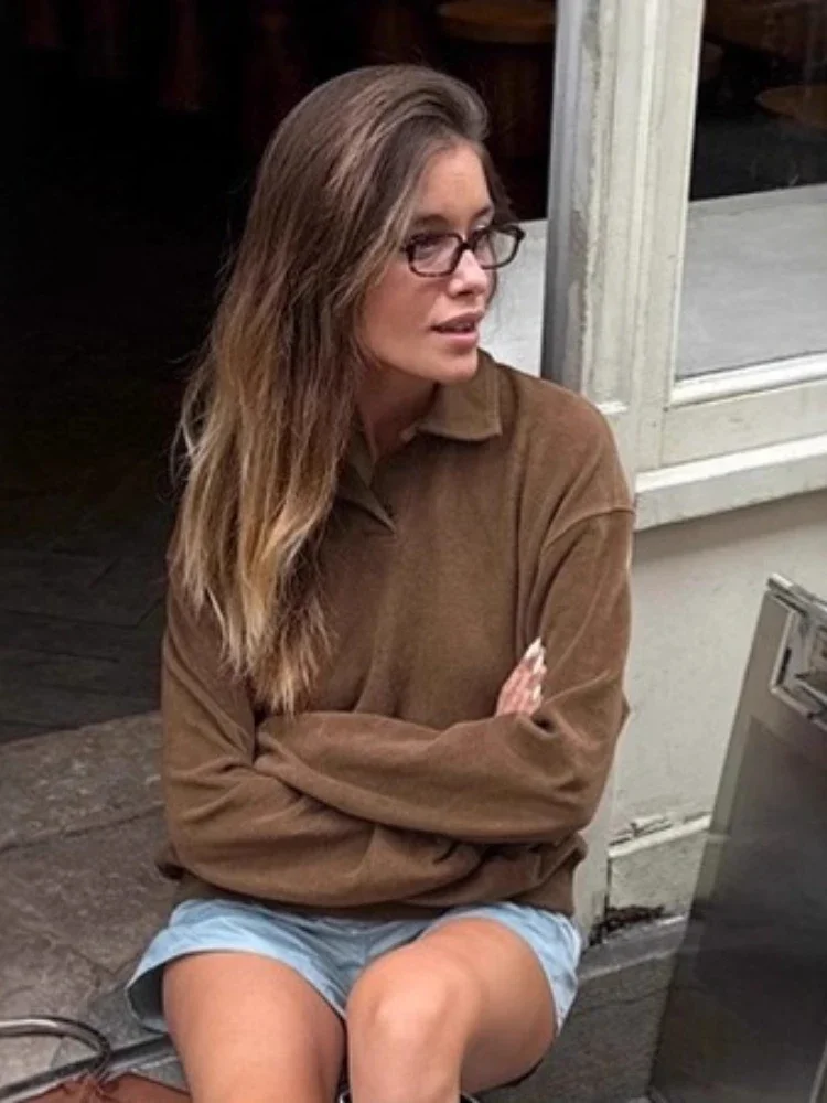 Casual Polo Collar Pullover Tops For Women Autumn 2025 New Solid Loose Long Sleeves Patchwork Outfits Female Pullover Top