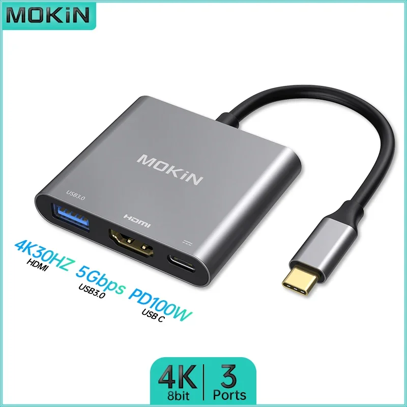 MOKiN 3 in 1 USB HUB USB3.0 HDMI 4K30Hz PD 100W Efficient Data Transfer for MacBook Air/Pro iPad Thunderbolt Laptop